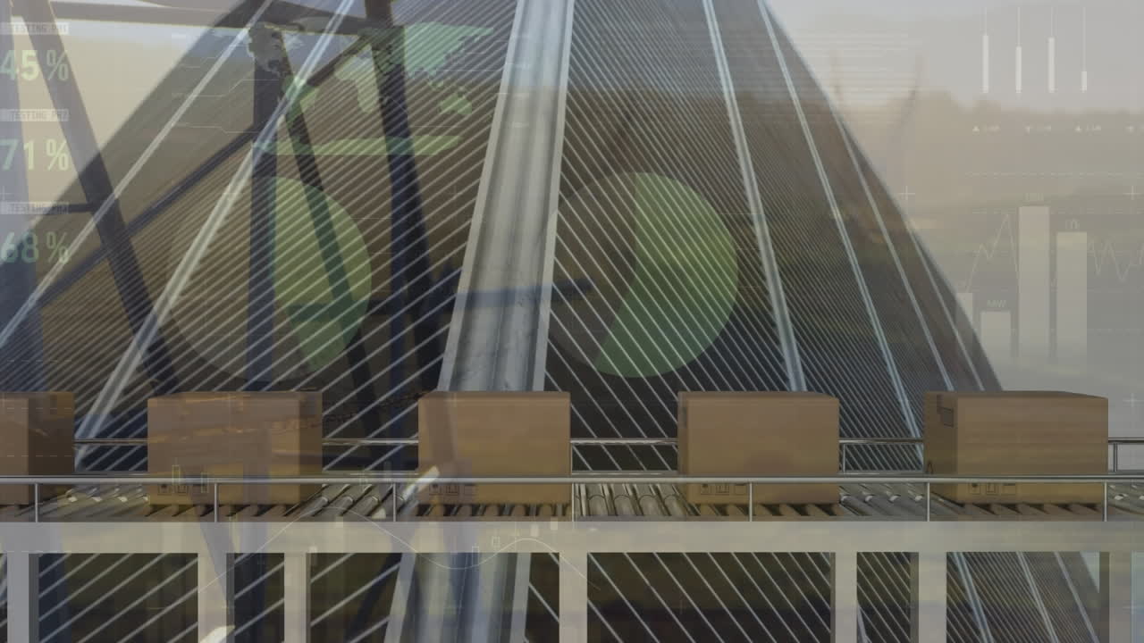 animación del procesamiento de estadísticas sobre cajas de cartón en cinta transportadora y paisaje urbano