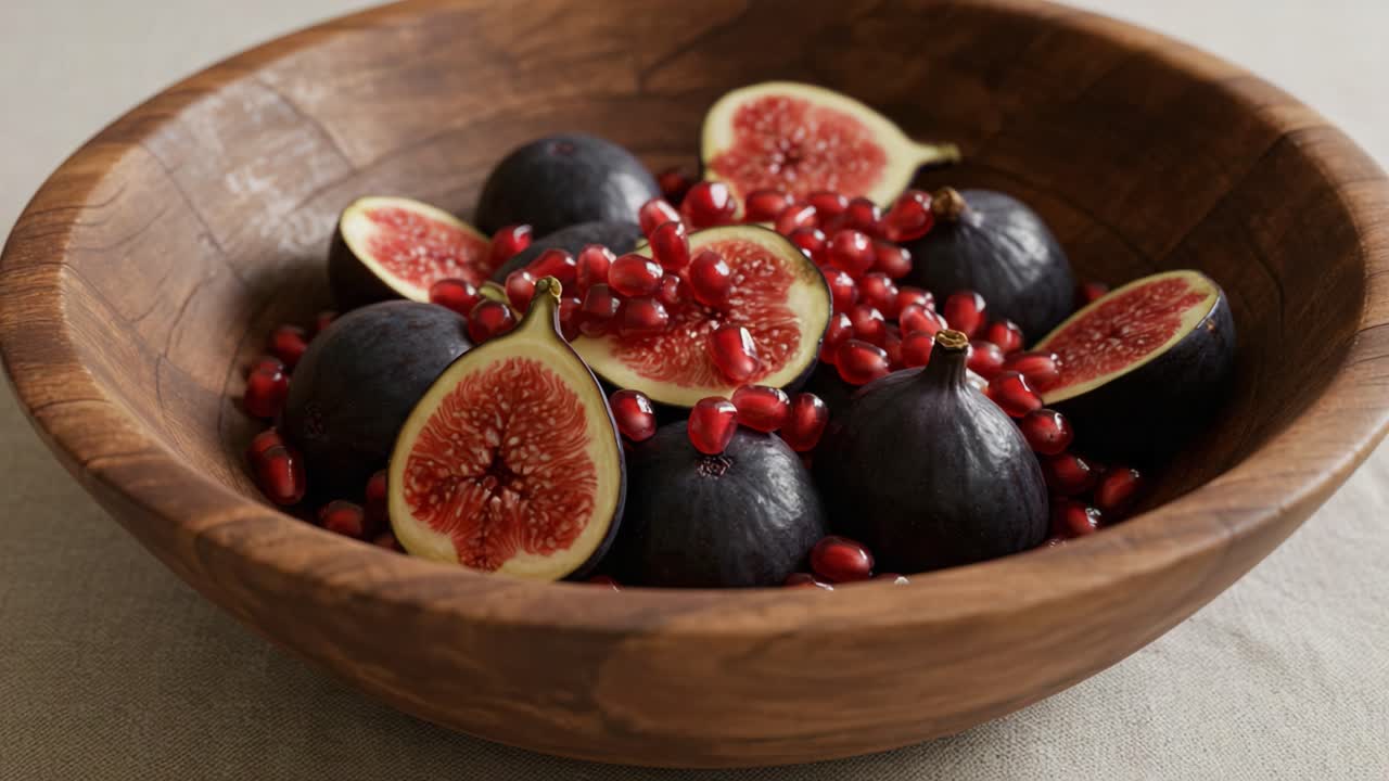 Una ciotola splendidamente disposta di fichi e semi di melograno, che mette in risalto colori e consistenze ricche per l'ispirazione culinaria.