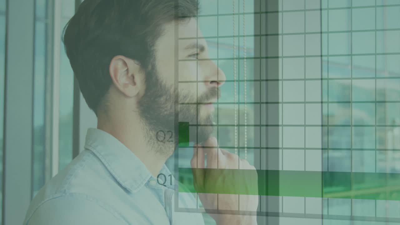 Animazione di elaborazione di statistiche e dati su uomo d'affari
