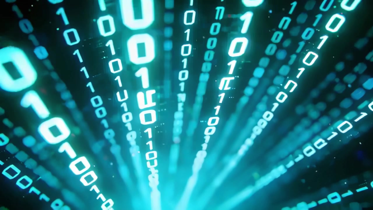Streaming binary columns sliding toward camera as camera moving to teal light, creating data tunnel