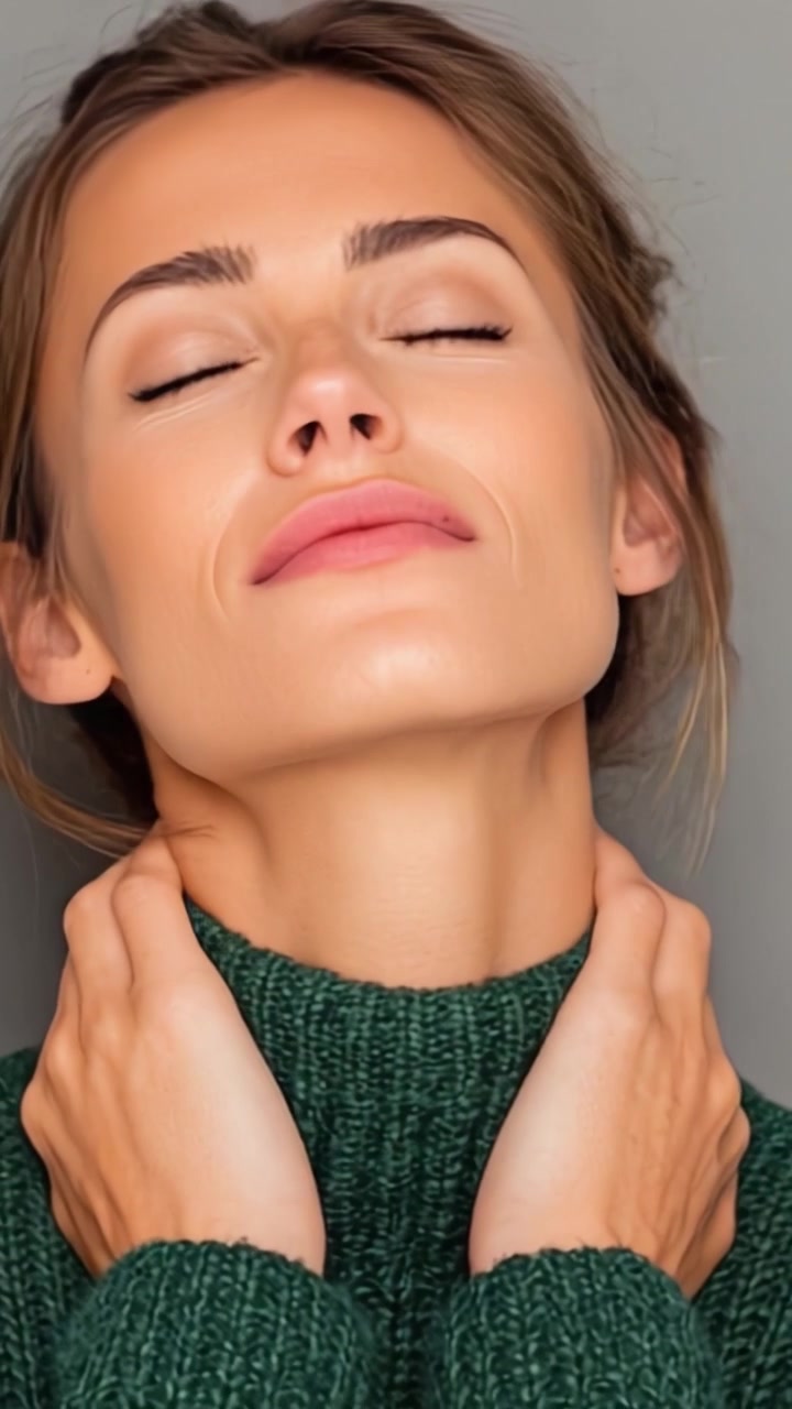 Un momento sereno: enfasi sulla pace interiore e la sicurezza con una donna in un accogliente maglione verde, che irradia calma e appagamento in un discreto ambiente interno.