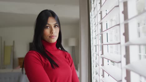 Video-of-happy-of-biracial-woman-standing-at-window