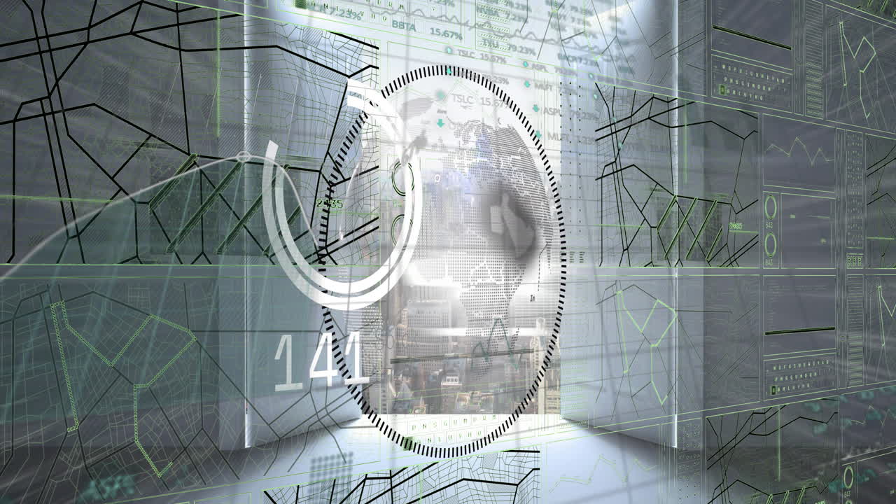 Animation of data processing and globe over cityscape