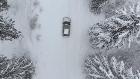 aerial view overlooking a car on the road, in middle of snow covered trees and snowy forest, on a cloudy, winter day - top down, tracking shot, drone shot