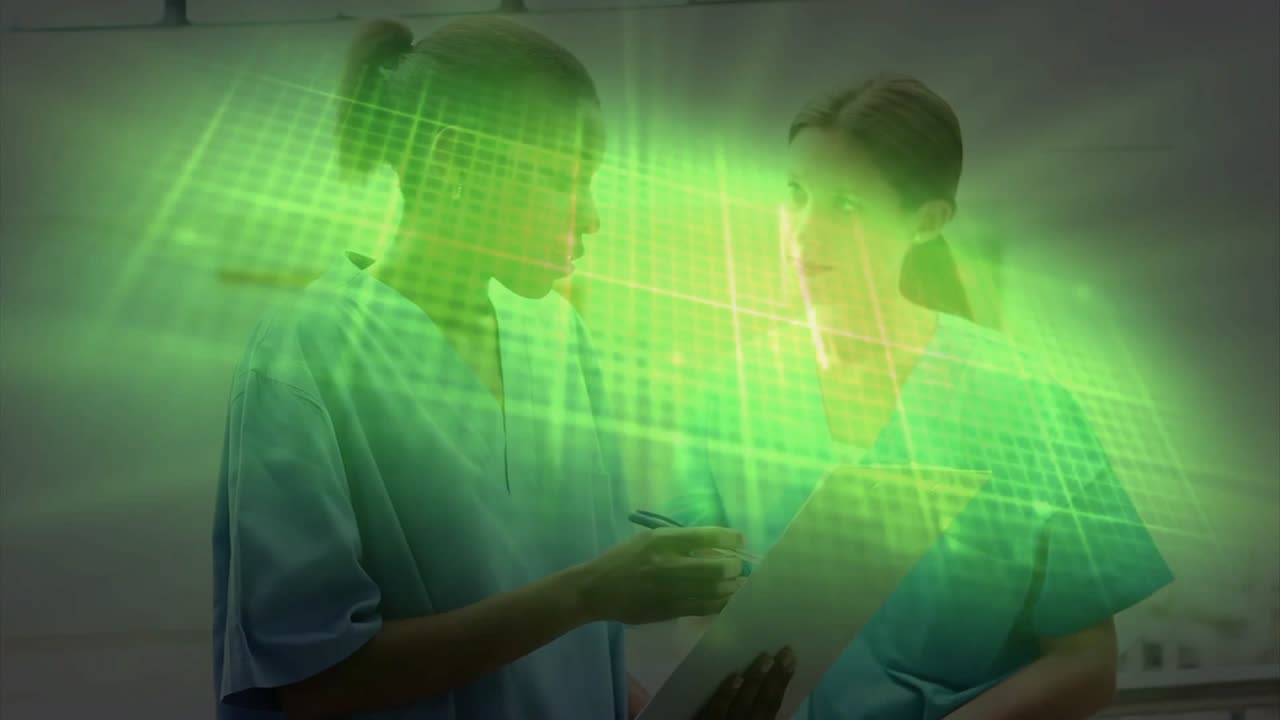 Two nurses activating holographic patient data on tablet in corridor while grid guiding annotation