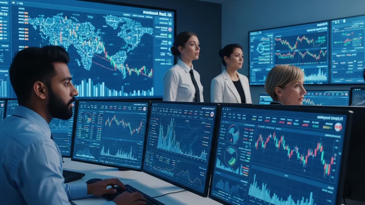 A Team Analyzing Financial Data in a High-Tech Trading Room with Advanced Charts and Global Market Insights
