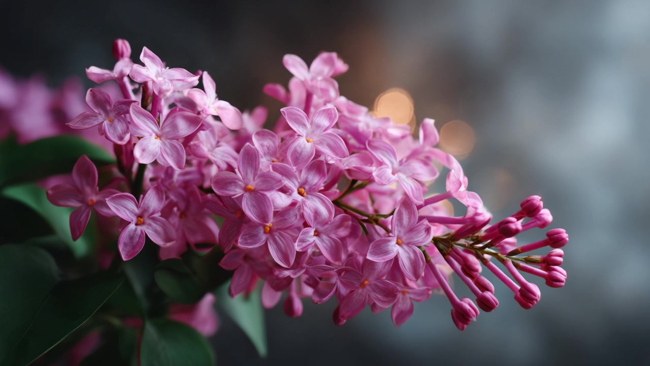 Tampilan dekat Bunga Lilac Merah Muda Cerah dengan Latar Belakang Bokeh Lembut, Menampilkan Kelopak dan Kuncup yang Halus dalam Kontras Indah di Bawah Cahaya Alami