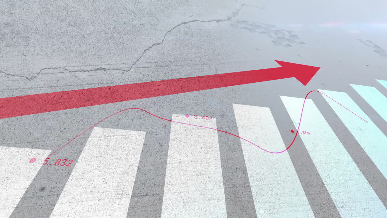 빨간색 상향 화살표와 선 그래프 애니메이션이 문자화 된 배경에 있는 바 차트 위에 있습니다.