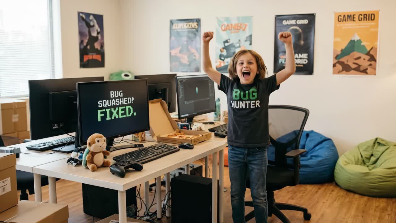Aufgeregter Junge feiert Bugfix auf dem Computerbildschirm im Büro