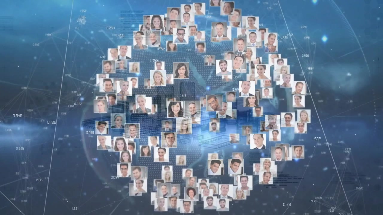 Volti diversi in una rete digitale globale con connessioni astratte