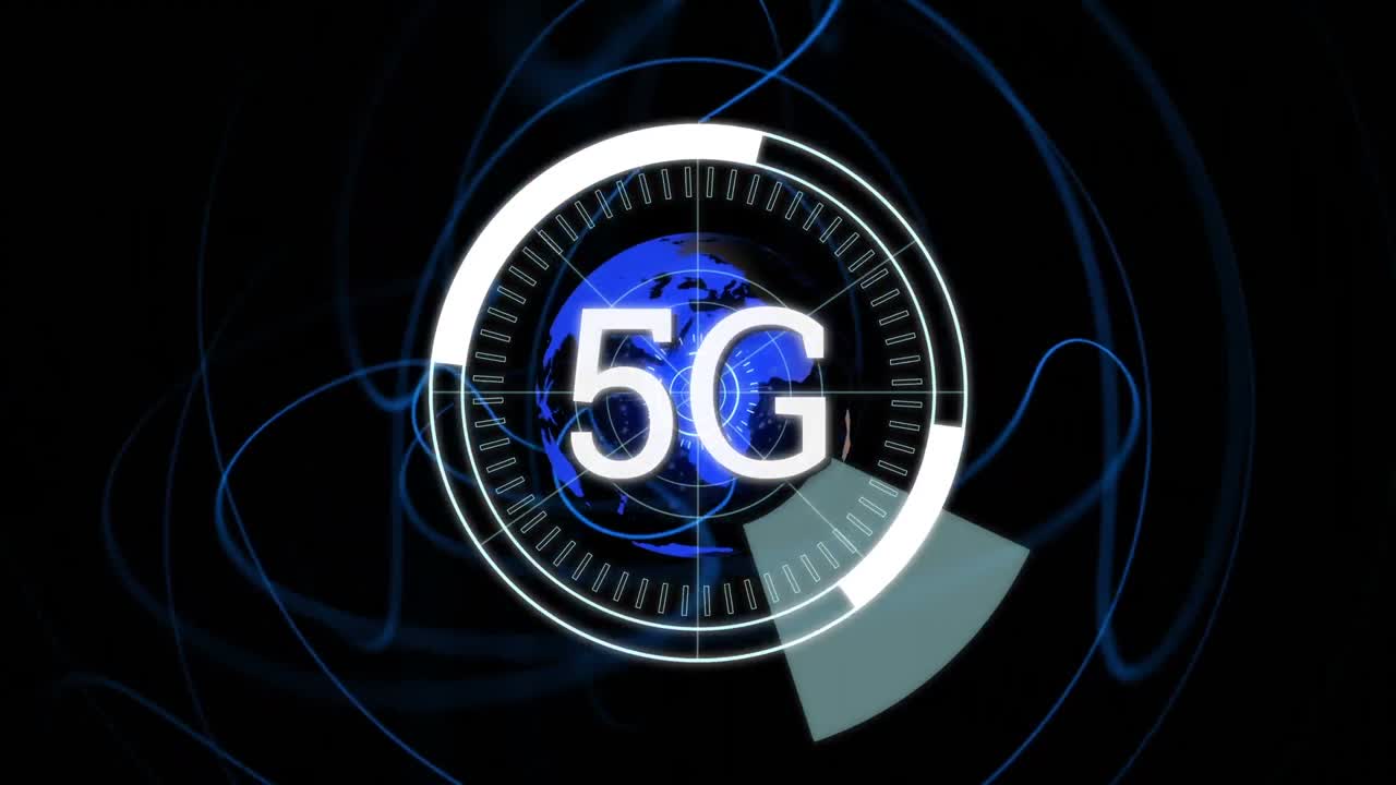animazione di testo 5g su scansione di portata e globo