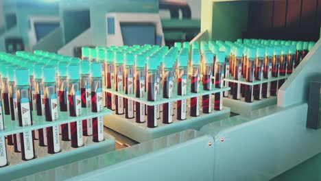 producción en masa de vacunas contra el coronavirus, tubos de ensayo en el transportador de cinta farmacéutica