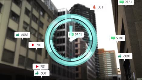 animation of clock over social media icons and cityscape