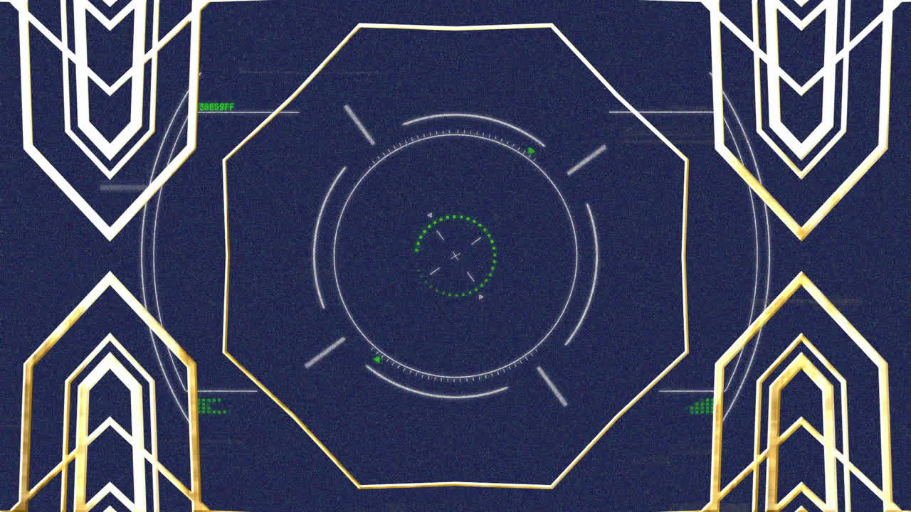 Geometric shapes and target animation over dark blue background