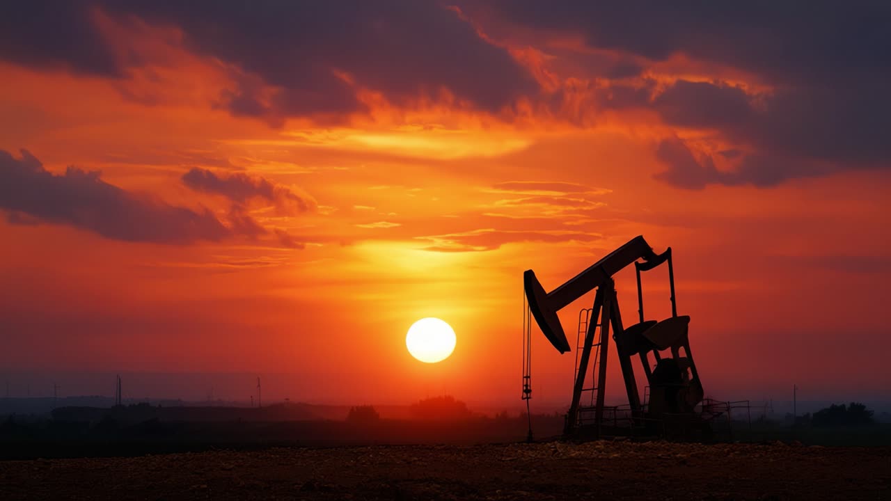 Stunning sunset view featuring an oil pump silhouetted against vibrant sky colors, capturing the essence of energy production amidst natural beauty