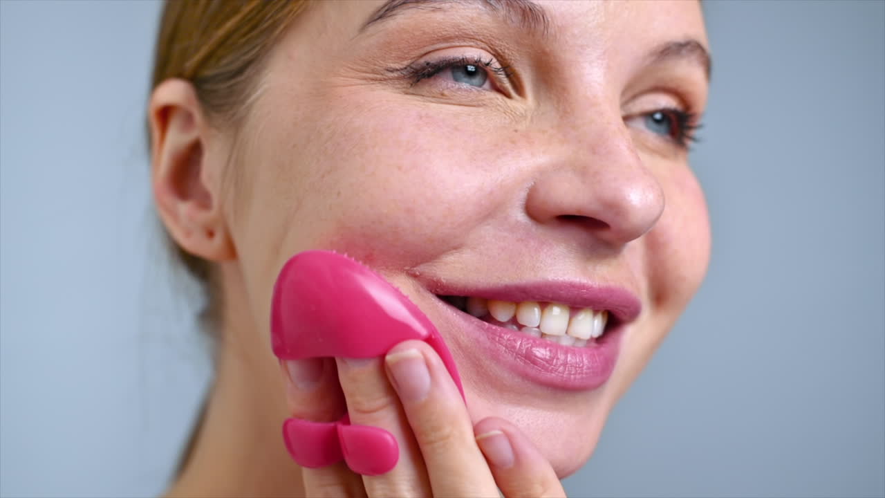 A young caucasian smiling woman is doing a facial massage using face scrubber. Slow motion