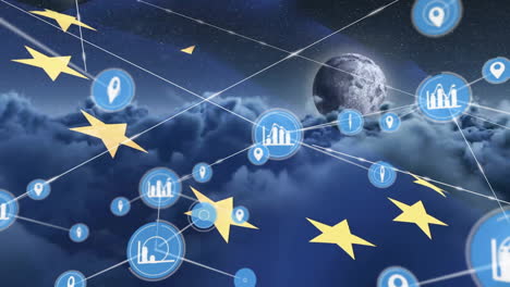 Animación-De-La-Red-De-Comunicación-De-Datos-Y-Medios-Sobre-El-Globo,-El-Cielo-Nublado-Y-La-Bandera-De-La-Unión-Europea