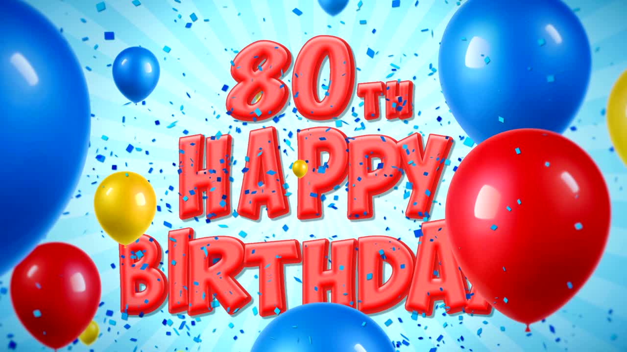 80 cumpleaños feliz texto rojo aparece en confeti popper explosiones cayendo y partículas de brillo, coloridos globos voladores animación de bucle sin fisuras para deseos saludos, fiesta, invitación, tarjeta.