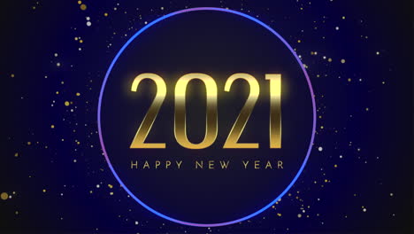 cierre animado 2021 y texto de feliz año nuevo con copos de nieve azules voladores y brillo sobre fondo azul de vacaciones