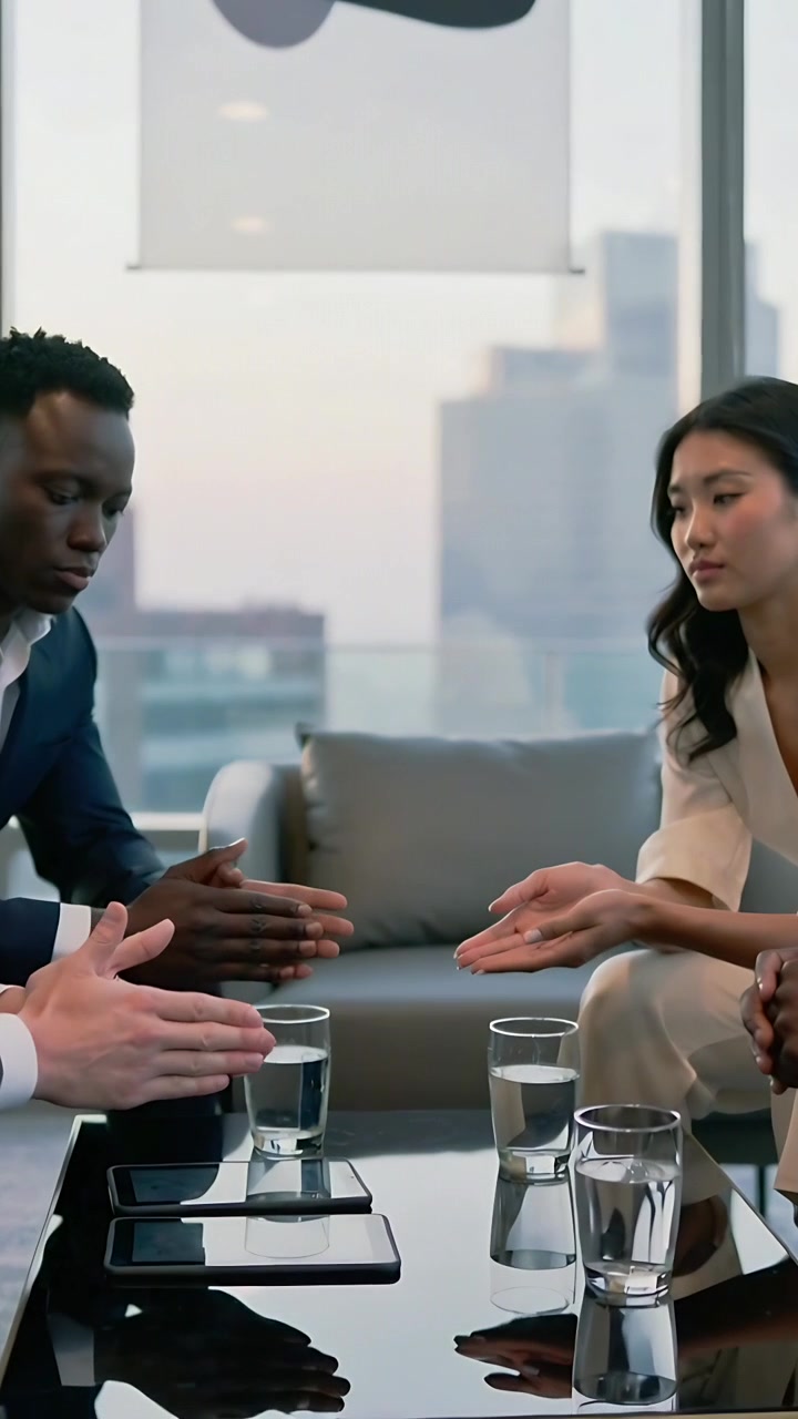 Vertical video: Referring tablet during meeting, team in suits gesturing in lounge with water