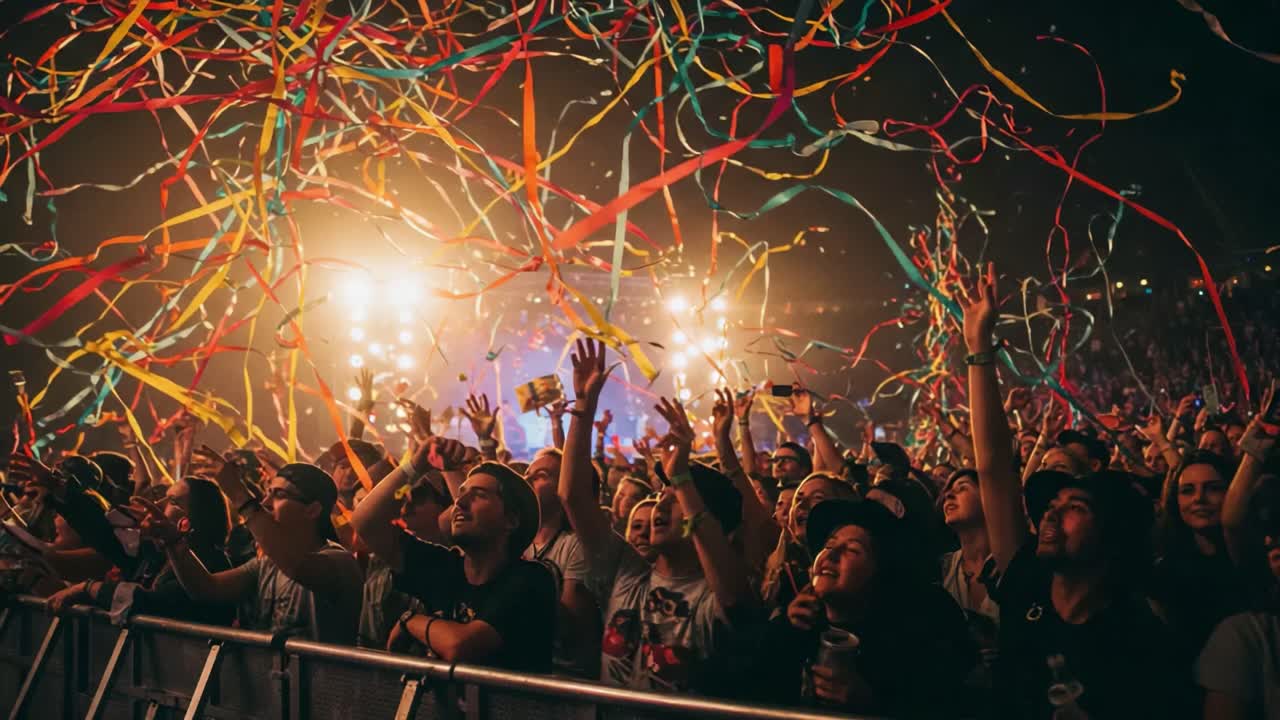 A Vibrant Celebration: Excited Fans Engaged in a Dynamic Concert Atmosphere Filled with Colorful Streamers and Euphoria Under the Bright Lights