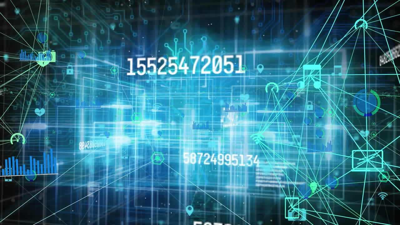 Animation of communication and media networks and glowing data processing on black background