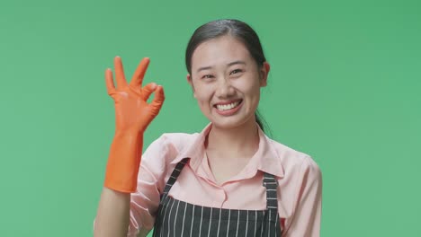 primer plano de una ama de casa asiática con un delantal mostrando un gesto de ok y sonriendo mientras está de pie en el estudio de pantalla verde