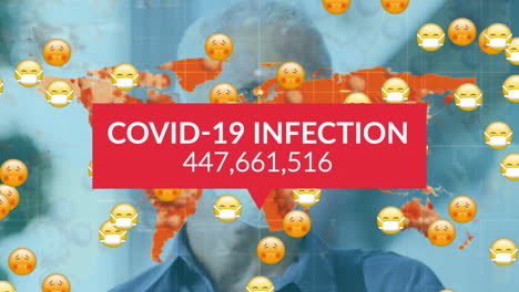 animación del procesamiento de datos de covid 19 sobre el hombre y múltiples emojis enfermos con máscaras faciales
