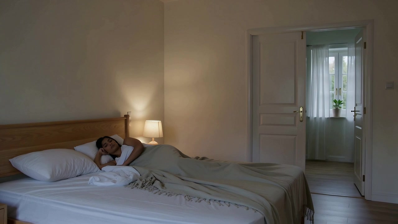 Svegliandosi brevemente, una donna adulta in top bianco sistema coperta e cuscino in camera da letto, con la lampada accesa.