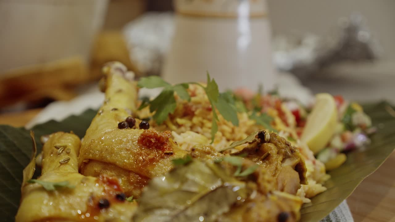 야자수 잎에 비리야니 치킨 라이스 장식