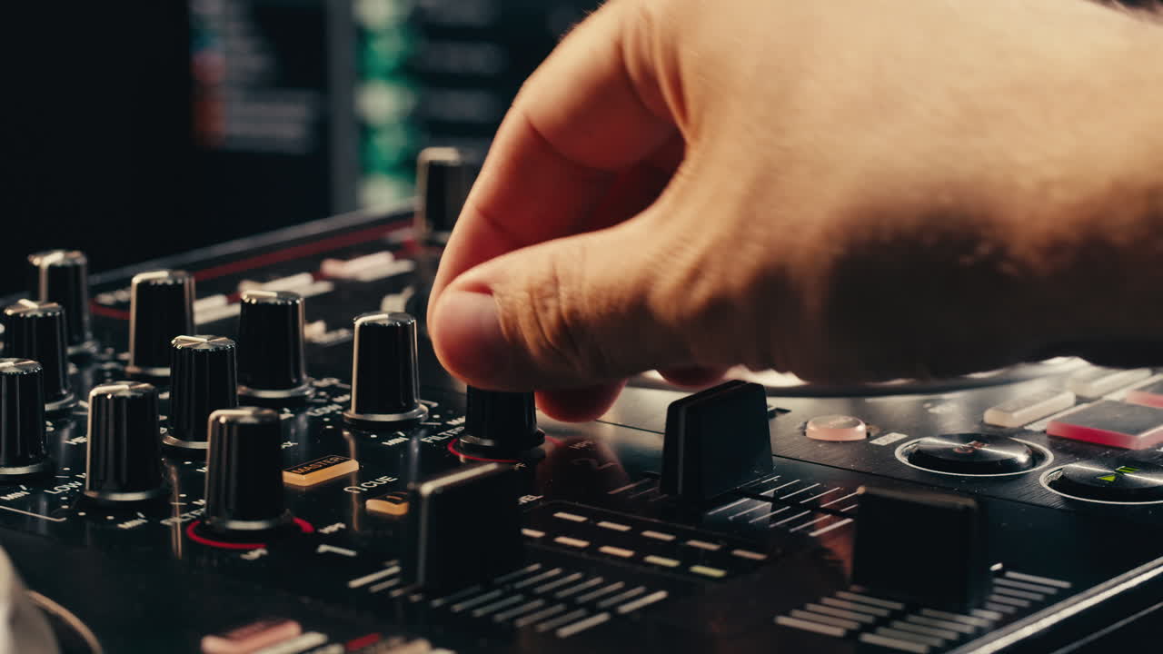 Vibrant DJ Mix Performance Closeup view of hands and equipment during a live music performance, city event, dj set in music techno club