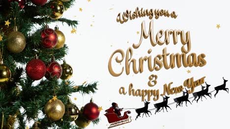 animation of merry christmas text over christmas tree and stars