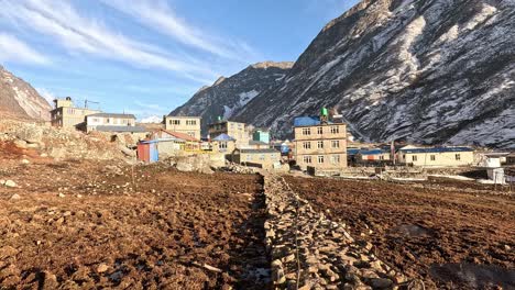 view over the langtang village high in the langtang valley