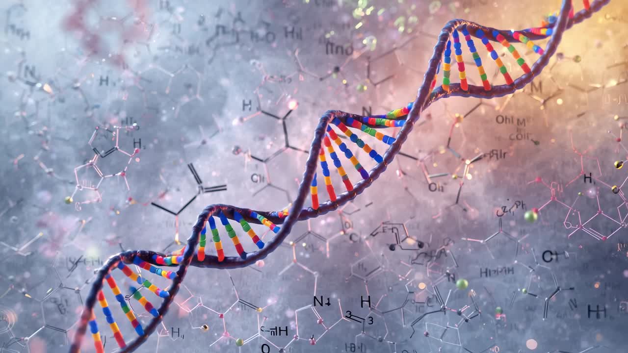 Animation starting with DNA helix rotating across molecular formulas with glowing particles