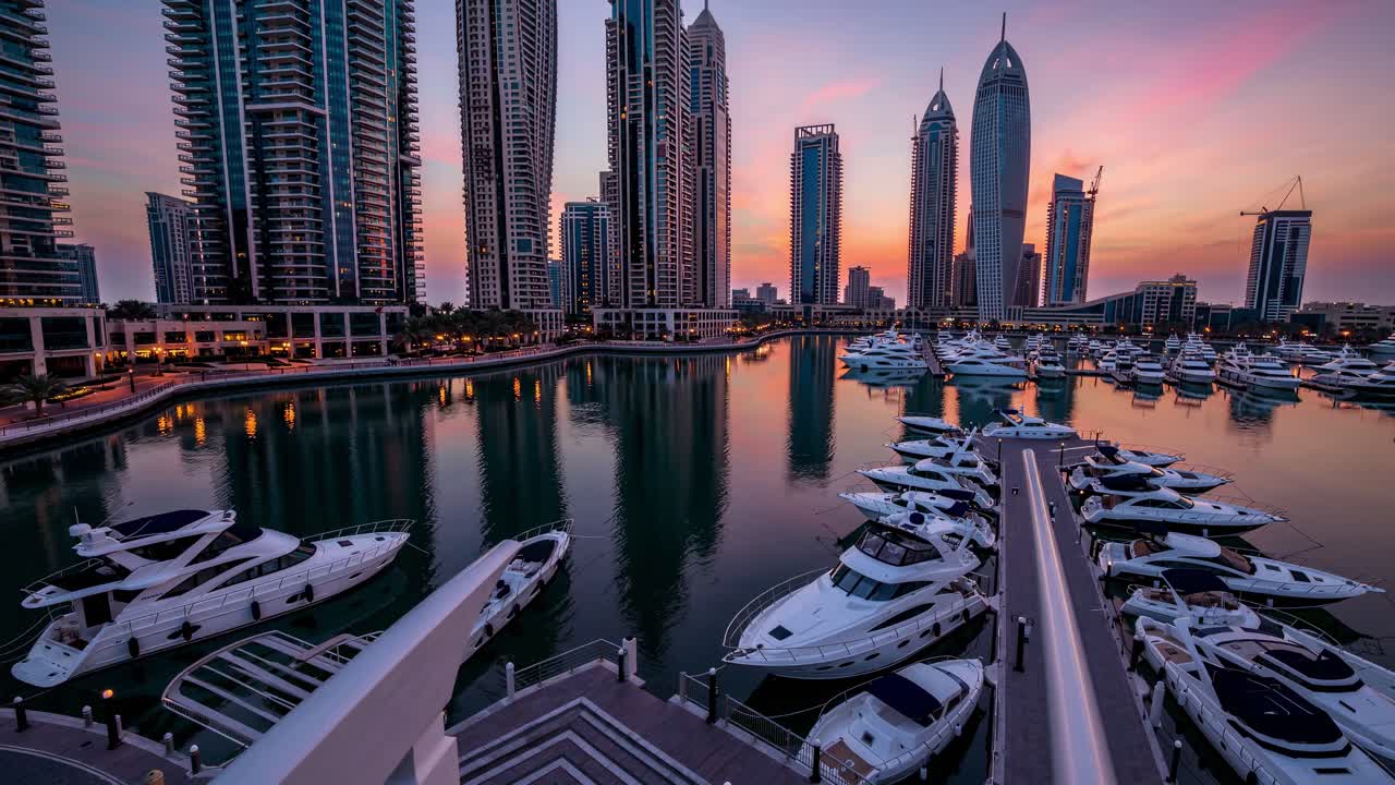 Orange and purple sunrise illuminating Dubai Marina with luxury yachts moored at the piers and modern skyscrapers reflecting on the calm water