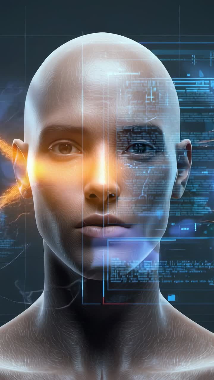 Vertical video: Booting androgynous head streaming orange energy with holographic panels in VR