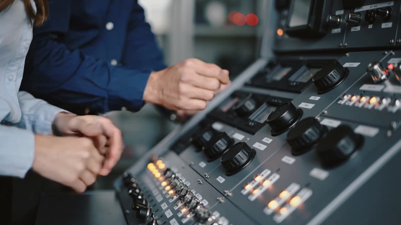 Reaching, tech blue shirt turning big knob on control panel, trainee white blouse calibrating dials