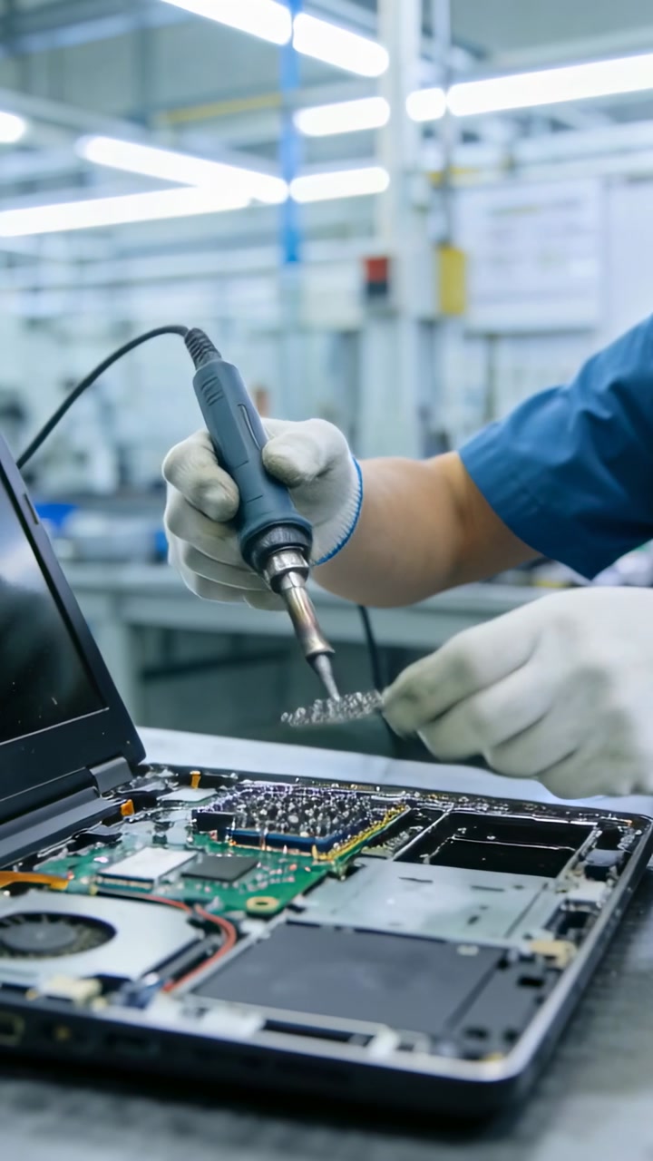 Vertical video: Placing soldering iron tip, gloved tech holding PCB at bench, fixing small part