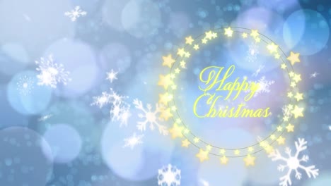 Animation-of-snowflakes-over-happy-christmas-text-over-fairy-lights-banner-against-spots-of-light