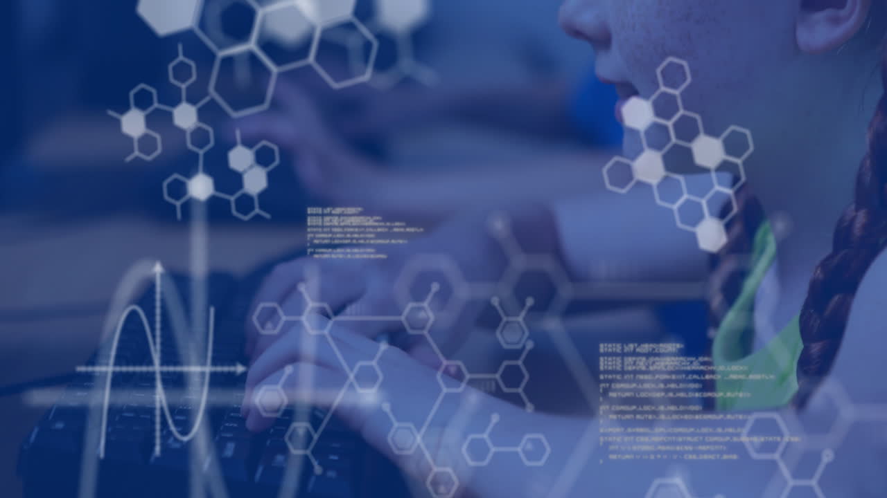 Child typing on keyboard with digital hexagon and data overlay animation