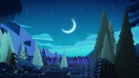 beautiful enchanting night blue coniferous forest. view of the night sky with stars and a bright crescent moon between the rocks.