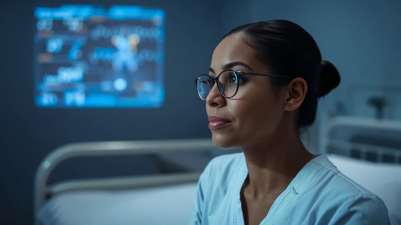 Turning nurse in blue scrubs with glasses at bed, watching holo display drawing gaze, copy space