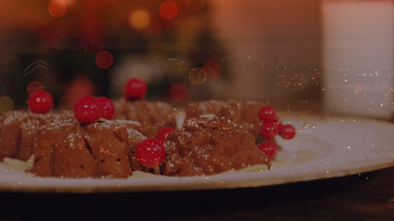 Plated chocolate dessert holding still while camera tracking and focusing, emphasizing front detail