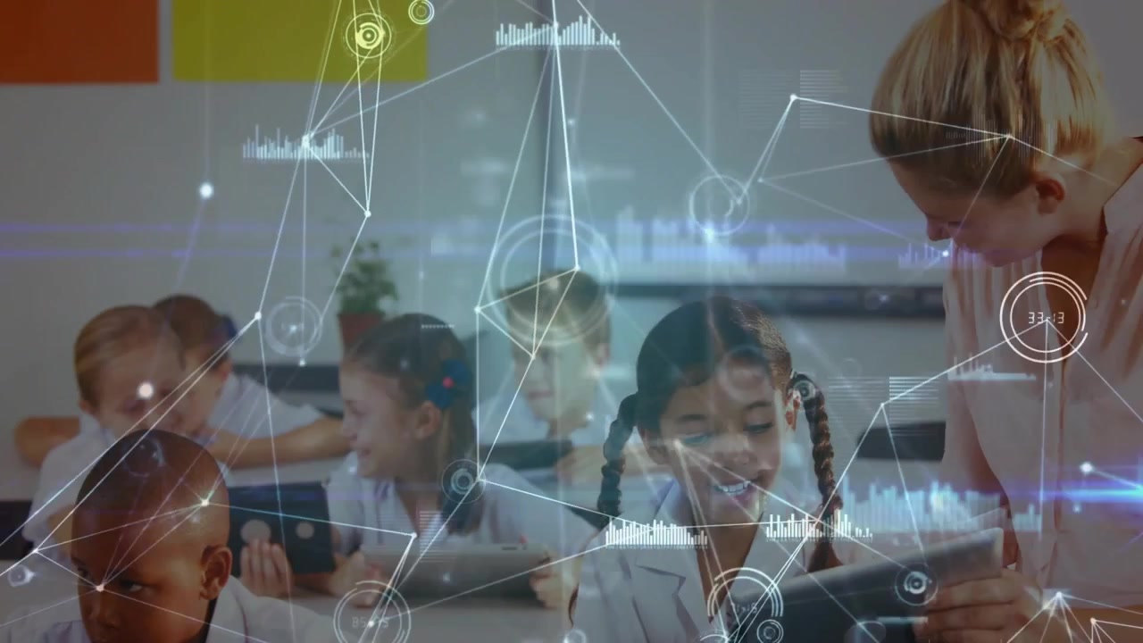 Teacher leaning toward girl with braids guiding tablet use for class while nodes pulsing on screens