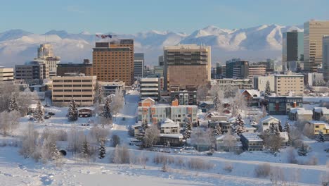 downtown anchorage skyline at dusk in the winter covered in snow, alaska, usa