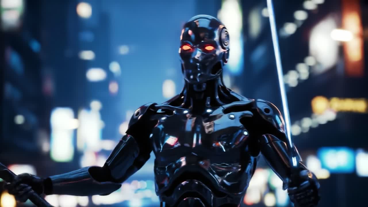 High-tech robot stands ready for action in a vibrant, neon-lit city at night. The atmosphere is electric, with glowing lights and an urban backdrop, highlighting advanced technology.