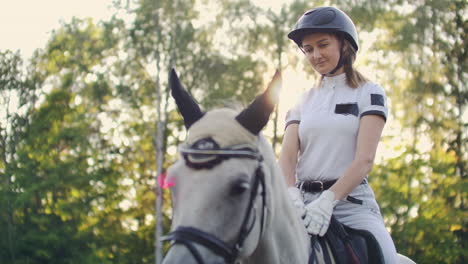 girl is stroking the horse after walk in nature. horse riding is an important hobby for her.