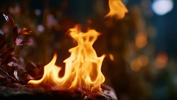Fiamme affascinanti danzano nel cuore della natura, proiettando un bagliore caldo sulle foglie e le rocce circostanti, evocando un senso di tranquillità e potenza