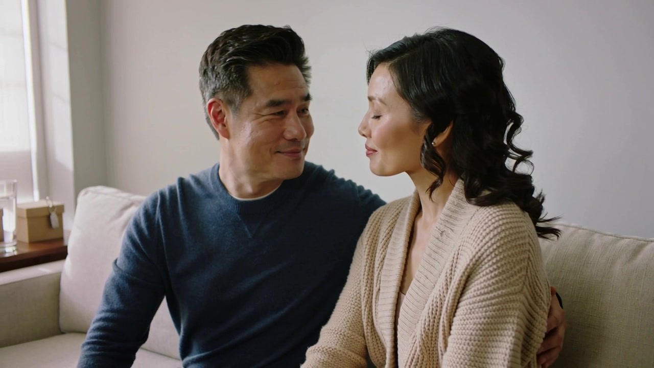 笑容滿面的男人轉動身體，在沙發上摟著女人，手裡拿著玻璃杯，展現親暱。