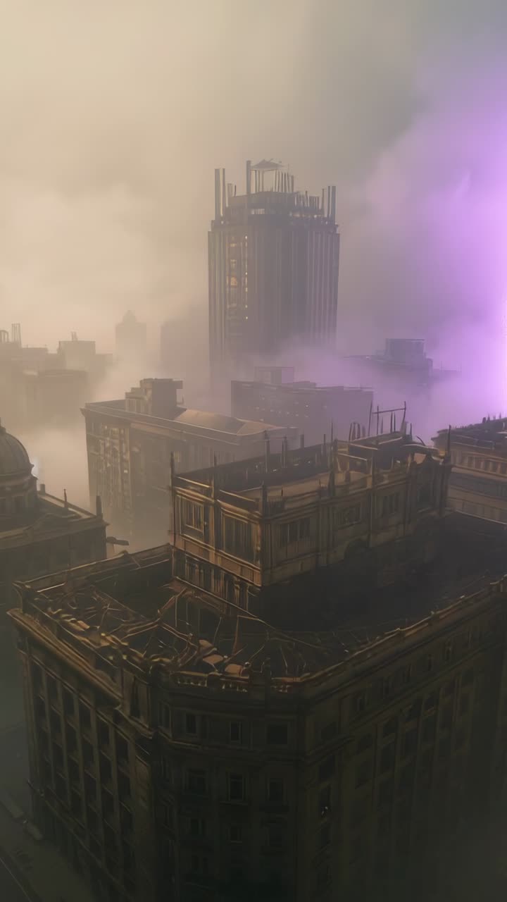 Vertical video: Tower glowing forming purple storm cloud over building in fog lightning flickering